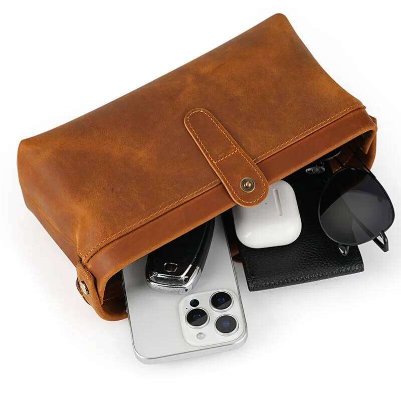 Crazy Horse Cosmetic Toiletry Bathroom For Traveler Travel Lipstick Make Up Bag Full Grain Leather pencil case