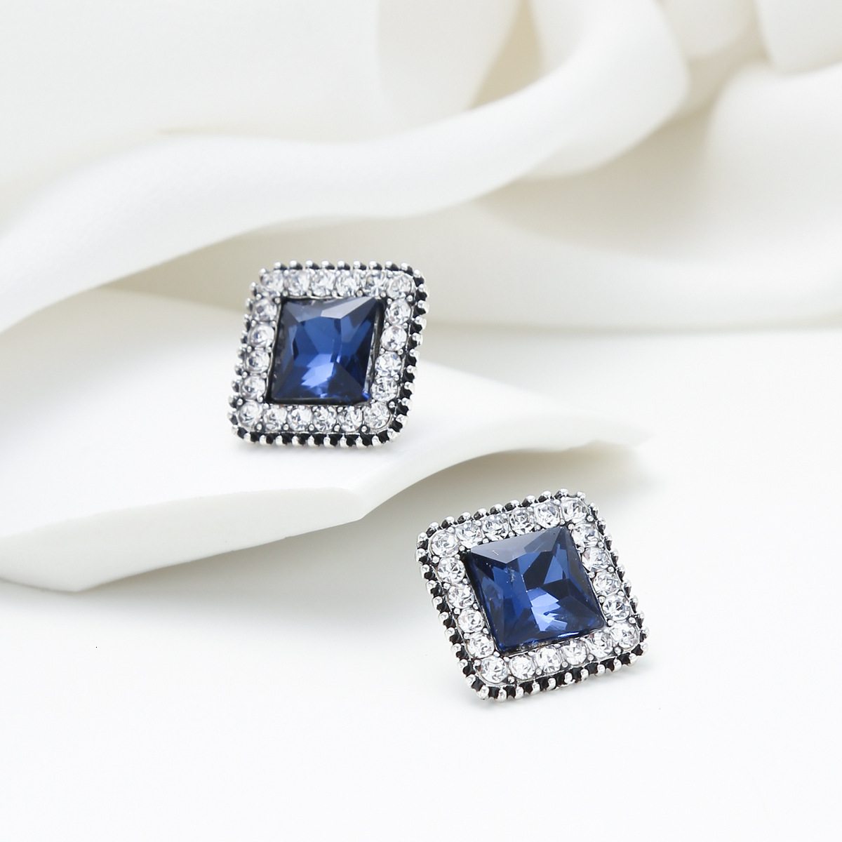 Square Earrings Korean Style Inlaid Blue Zircon Studs Elegant High-End Full Ear Jewelry