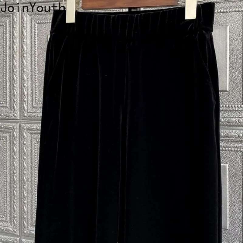 Korean Wide Leg Pants for Women High Waist Tunic Loose Trousers 2025 New Bottoms Vintage Straight Velvet Black Pantalon Femme
