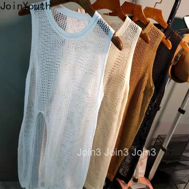 2025 Women Clothes Solid Color Woman Dress O-neck Sleeveless Split Robe Femme Loose Hollow Out Knit Dresses Summer Vestido Femme