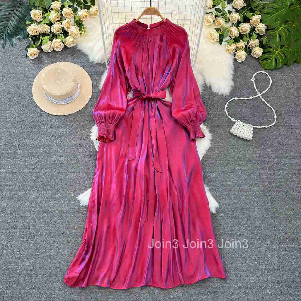 Maxi Dresses Women Temperament Lantern Sleeve Stand Neck Robe Femme 2025 Vestidos De Mujer Bandage A-line Vintage Summer Dress