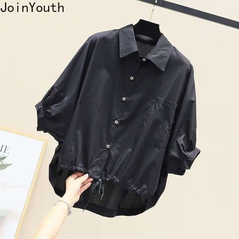 Short Sleeve Irregulat Shirts for Women 2025 Blusas Mujer De Moda Korean Oversized Tops Casual Fashion Drawstring White Blouses