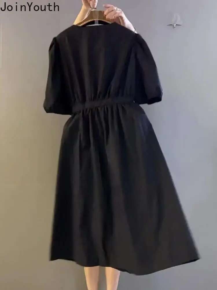 Vintage Dresses for Women Loose Temperament Robe Femme V-neck Puff Sleeve Bandage A-line Summer Dress 2025 Vestidos De Mujer