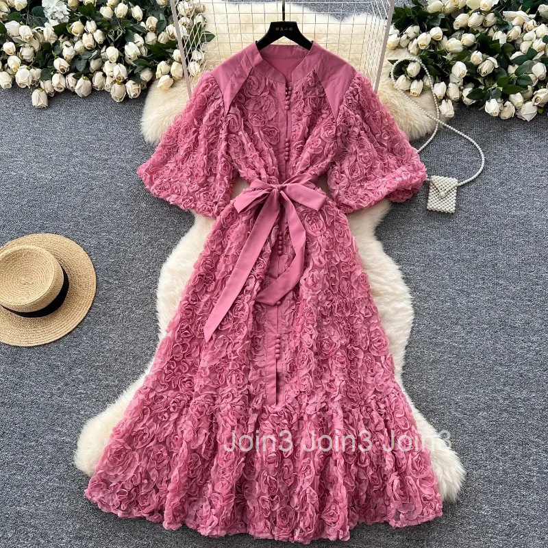 Elegant Woman Dresses Heavy 3D Floral Sweet Chic Robe Femme Slim Waist Single Breasted Bandage Maxi Dress 2025 Vestidos De Mujer