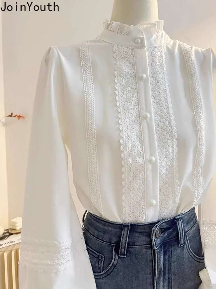 2025 Blusas Mujer De Moda Stand Neck Ruffles Long Sleeve Blouse Women Clothing White Tops Fashion Lantern Sleeve Sweet Shirts