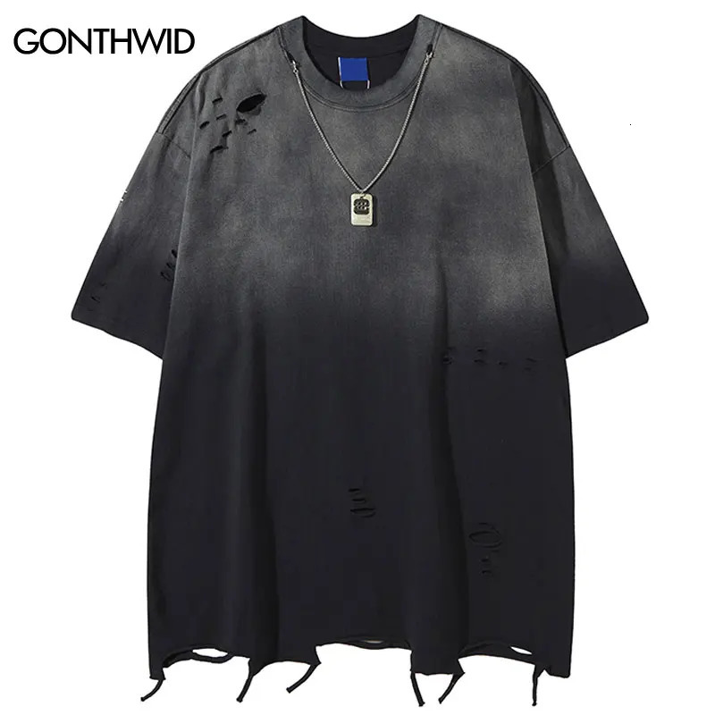 Vintage Men T-Shirt Y2K Grunge Ripped Hole Tie Dye Gradient Oversized T-shirt with Chain Hip Hop Punk Gothic Baggy Streetwear Top 250616