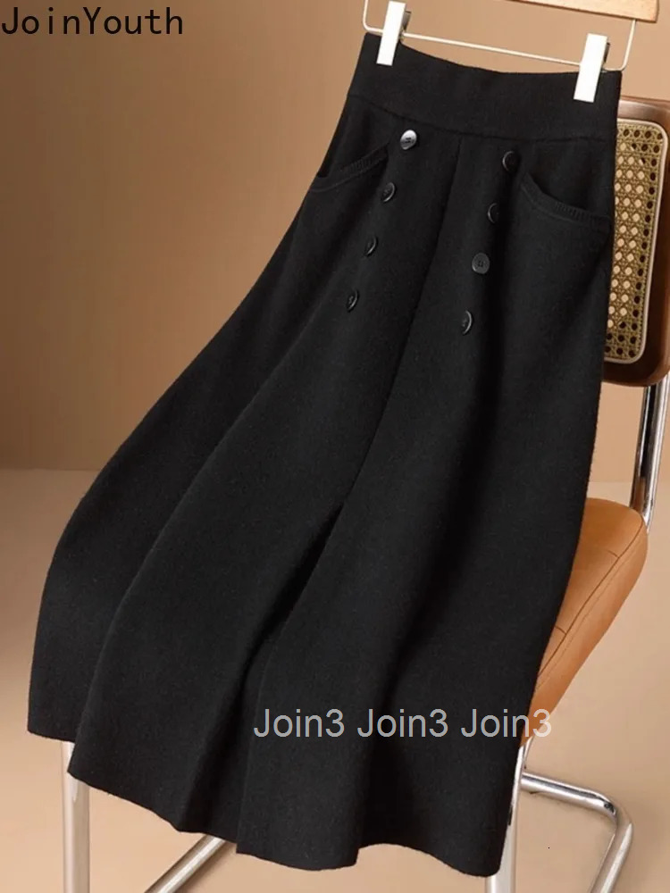 Vintage Women Skirt High Waist A-line Jupe Double-breasted Pockets Big Swing Saia Chic Knitted Skirts 2025 Faldas Mujer De Moda
