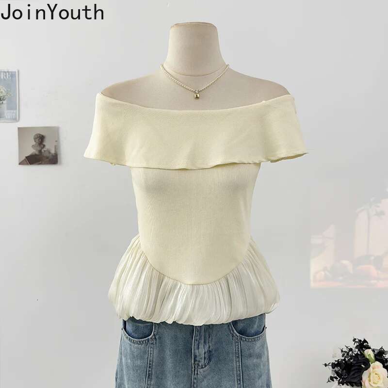 Ruffles Contrast Color T Shirts Womens Clothes Fake Two Tunic Camisetas 2025 Ropa Mujer Slash Neck Fashion Summer T-shirts Tops