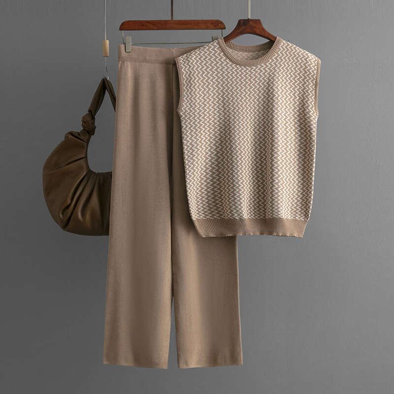 Fashion Set for Women New Sleeveless Striped Knit Top Two-Piece High-Waisted Straight-Leg Wide-Leg Pants