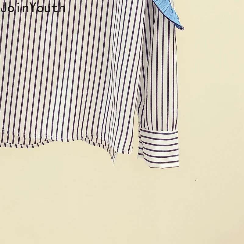 Korean Women Shirts 2025 Blusas Mujer De Moda Patchwork Striped Casual Blouses Fashion Fake Two Loose Ruffles Blouse Tops Femme