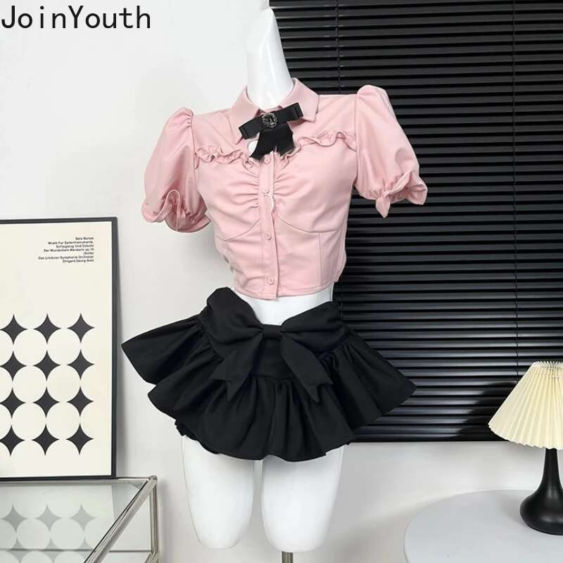 Cute Skirts for Women New Bottoms Japanese Jupe Fashion Sweet Saia 2025 Faldas Mujer De Moda Bandage Bow Simple Tunic Mini Skirt