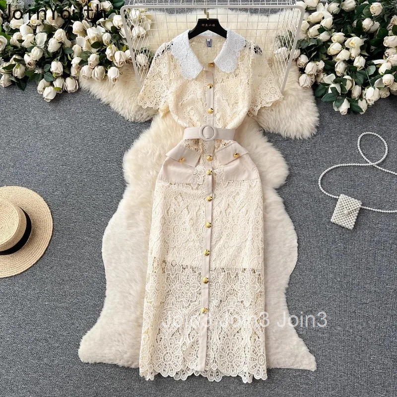 Vestidos De Mujer Summer Woman Dress Lace Tunic Single Breasted Short Sleeve Tunic Robe Femme Hollow Out Temperament Dresses