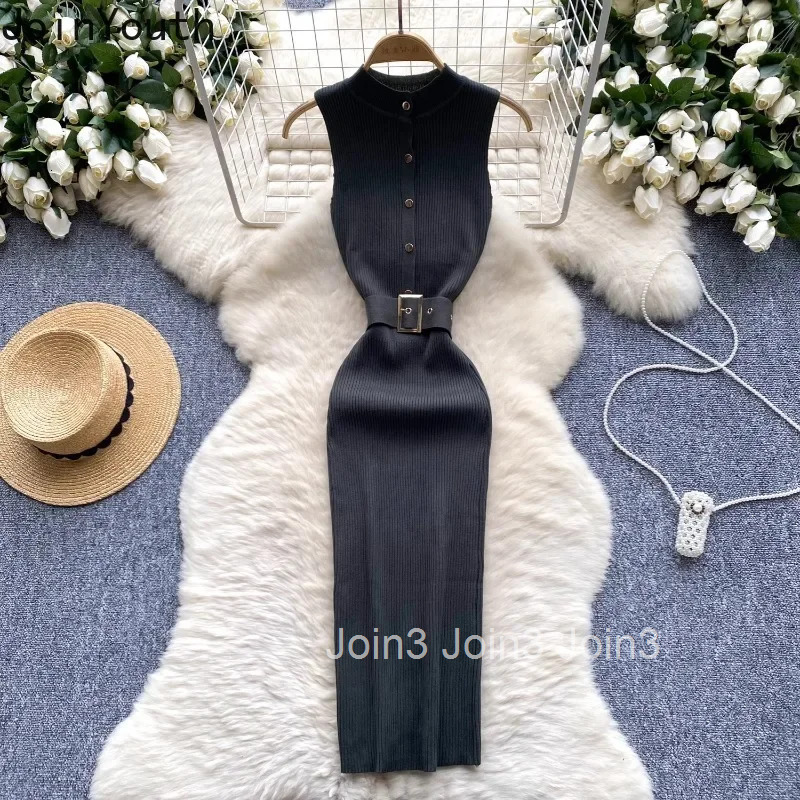 Knitted Woman Dress 2025 Vestidos De Mujer Sleeveless Half High Collar Tunic Temperament Robe Femme Sexy Bodycon Dresses 7p556