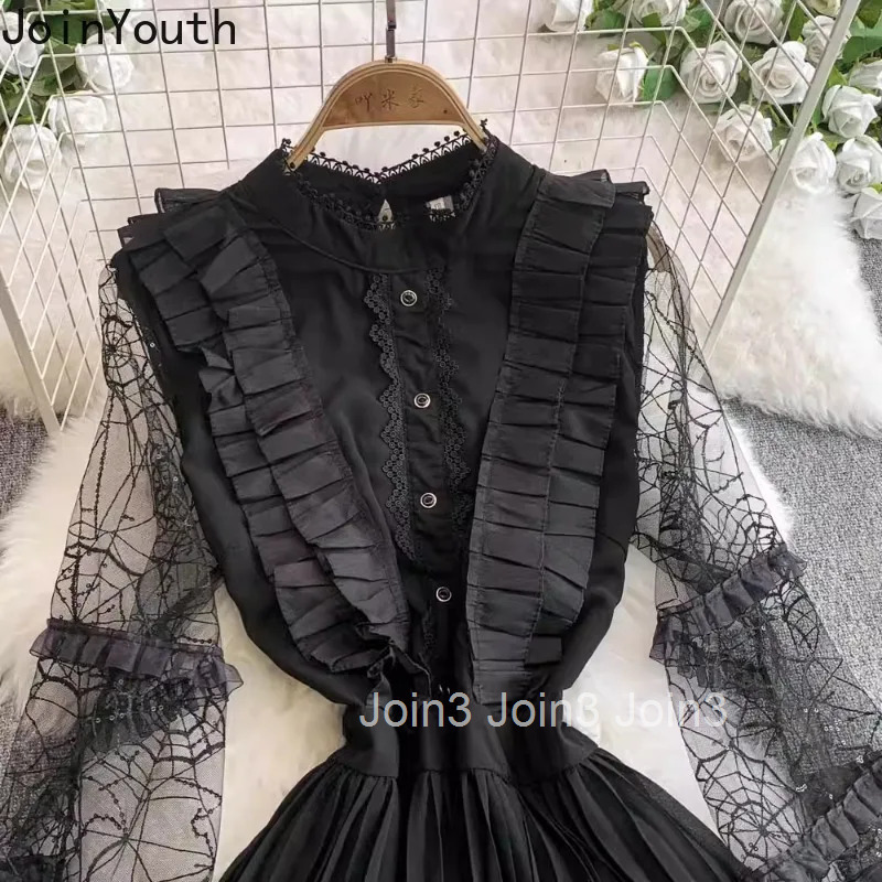 Maxi Dress Womens Clothing Long Sleeve O-neck Ruffles A-line Robe Femme 2025 Vestidos De Mujer Lace Long Sleeve Pleated Dresses