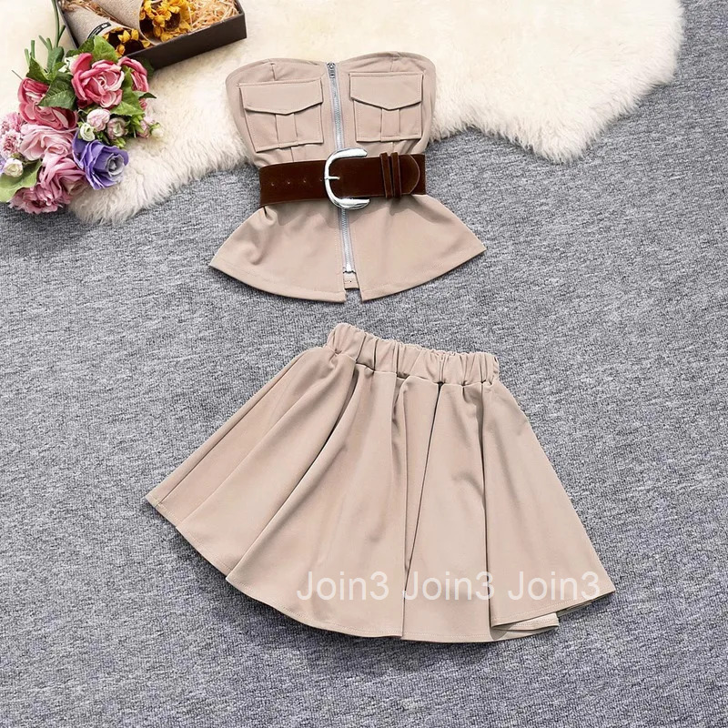 2 Piece Sets Women Clothing Skirt Outfits Zipper Pocket Sexy Crop Tops High Waist A-line Mini Skirts Suit Fashion Summer Set