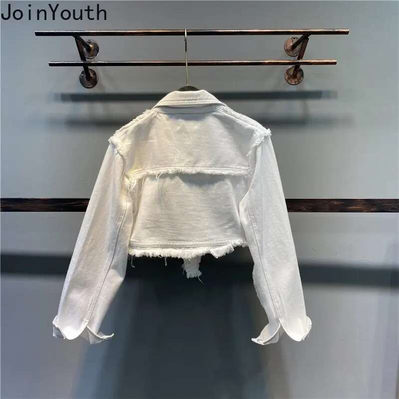 Streetwear Crop Tops Fashion Denim Jacket Womens Clothes Korean Harajuku Y2k Top Casual White Slim Fit Coat 2025 Ropa Mujer