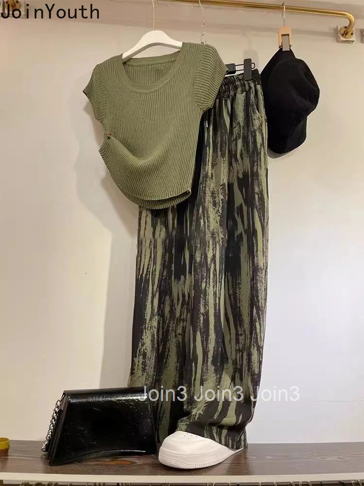 2025 Pants Suit Two Piece Sets Womens Outfits Knitted Short Sleeve T Shirts Tie-dye Wide Leg Pants Suit Chic Summer Casual Set