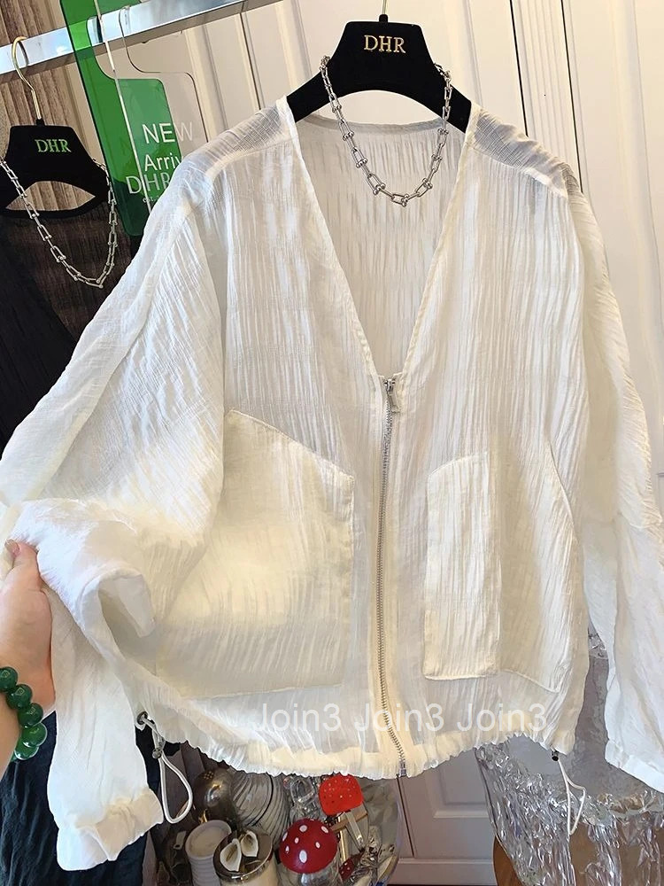 Vintage Coat Womens Clothing V-neck Zipper Folds Crop Tops 2025 Ropa Mujer Korean Outwear Fashion Casual Summer Thin Jackets