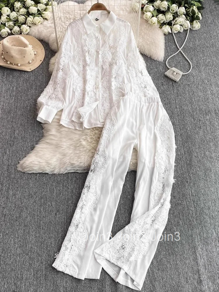 Women Clothing Temperament 2 Piece Sets Long Sleeve Loose Blouses Elastic High Waist Wide Leg Pants Outfits Hollow Out Lace Suit