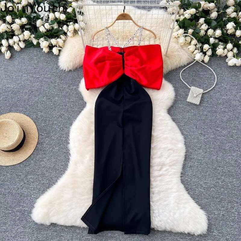 Sexy Party Dresses Women Korean Temperament Robe Femme Slash Neck Diamond Tunic Bow Bodycon Maxi Dress 2025 Vestidos De Mujer