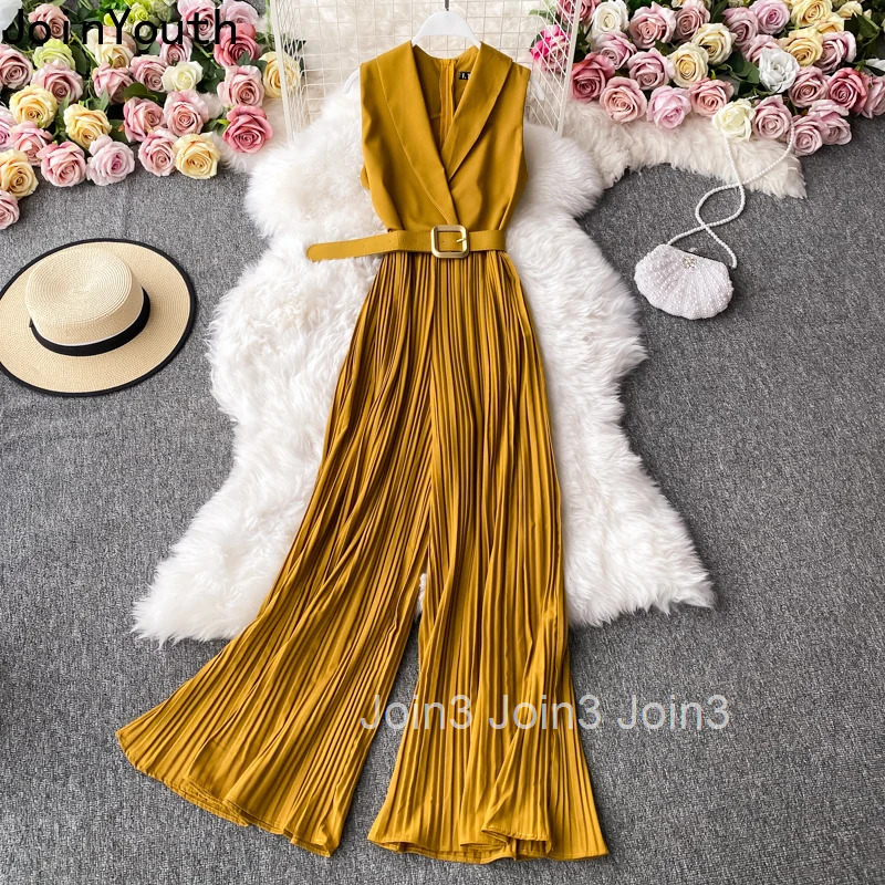 Korean Fashion Jumpsuit Women Clothes Temperament Solid Color Playsuit Slim Waist Pleated Flare Pants Bodysuit Summer Jump Suit