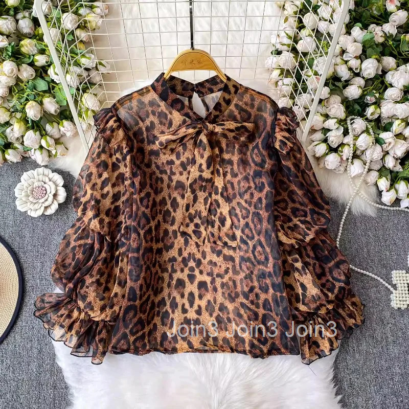 Sexy Leopard Print Shirts Womens Clothing Temperament Tops Lantern Sleeve Blouses Stand Neck Bandage Summer Camisas De Mujer