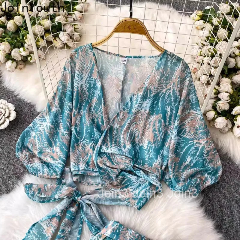 Shorts Sets Summer Womens Clothing 2 Piece Set Deep V-neck Bandage Loose Shirt High Waist Wide Leg Shorts Outfits Floral Suit