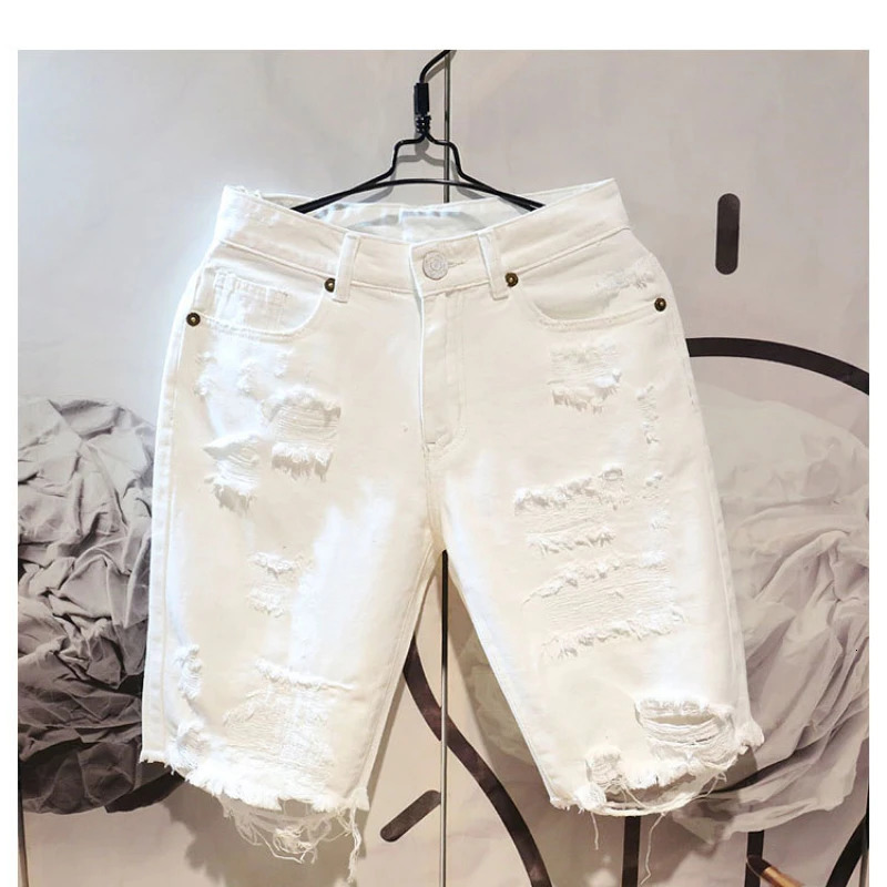 Summer Fashion Cropped Mens Tattered Ripped Shorts Loose Straight Casual White Denim Pants Streetwear Men Boyfriend Jeans 250617