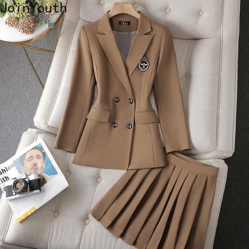 Temperament Skirt Outfits Korean Chic 2 Piece Set Womens Clothing Double-breasted Tunic Jackets High Waist Pleated Mini Skirts