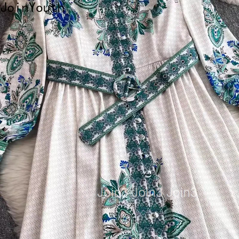 Stand Neck Maxi Dresses for Women Temperament Robe Femme Single Breasted Floral Vintage Slim Waist Dress Korean Vestido Femme