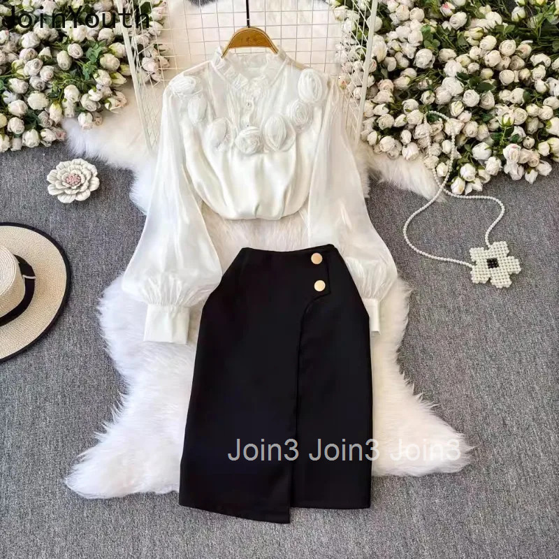 Womens Clothing 2 Piece Sets Womens Outfits 3D Floral Lantern Sleeve Shirt High Waist Bodycon Skirt Outfits Temperament Suit
