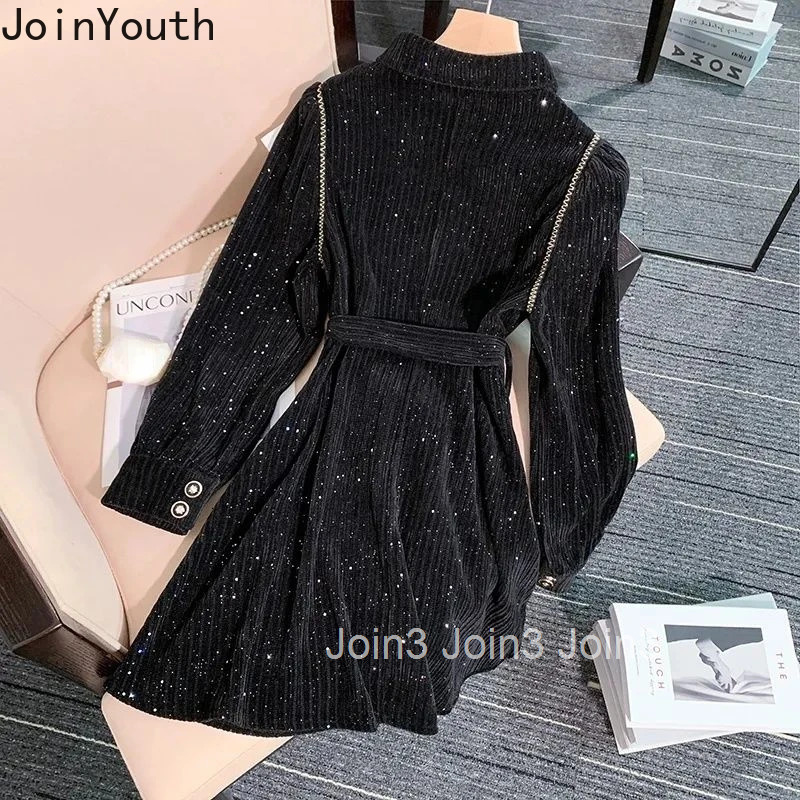Vintage Temperament Robe Femme Black Dresses for Women Slim Waist Bandage A-line Long Sleeve Dress 2025 Vestidos De Mujer 27s746