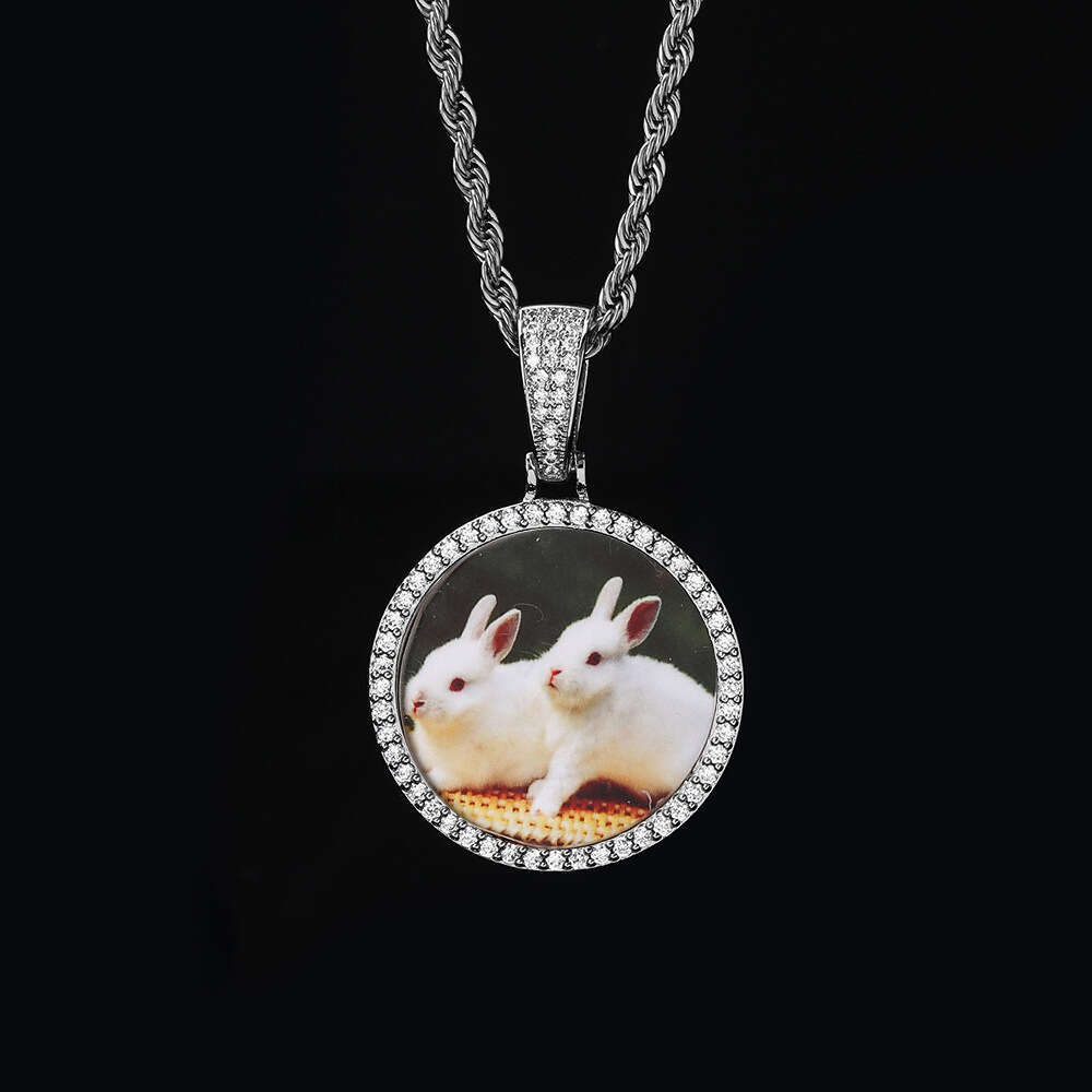 New Small Round Pendant Micro Paved Zircon Trendy Hip Hop Photo Frame Men's Necklace 1d99