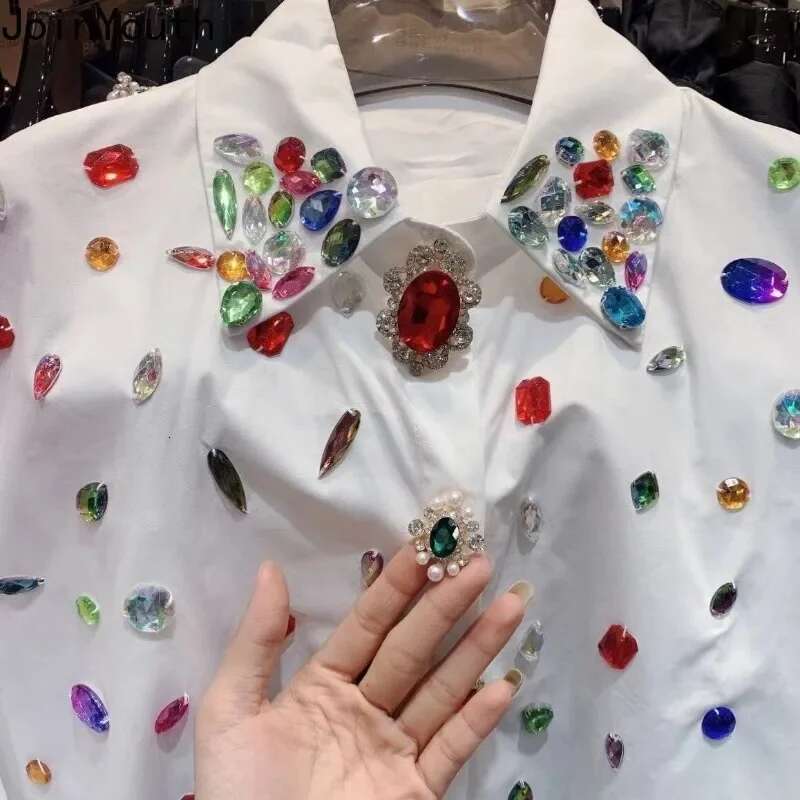 Harajuku Women Tops Fashion Heavy Diamond White Blouses 2025 Camisas De Mujer Long Sleeve Korean Shirt Streetwear Y2k Blouse