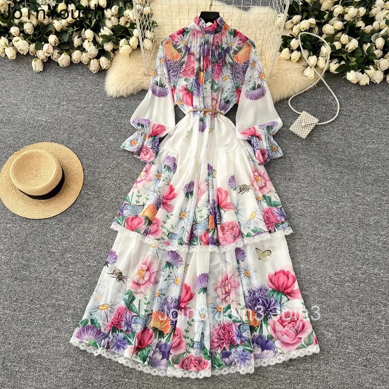 Vintage Maxi Dress Women Clothes Bandage Bow Single Breasted High Waist A-line Robe Femme Patchwork Lace Floral Summer Dresses