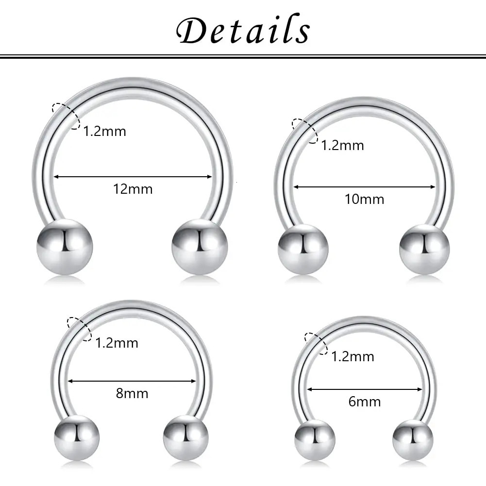 4Pcs32pcs 16G Septum Nose Rings Stainless Steel Hoop Horseshoe Piercing Jewelry Tragus Cartilage Earrings for Women Men 612mm 250613