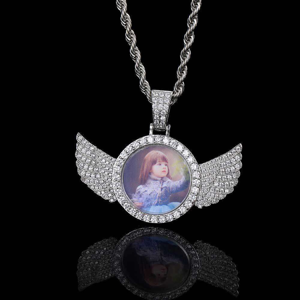 Hip Hop Memory Small Round Photo Angel Wings Frame Pendant Micro Paved Zircon Men's Necklace 675e