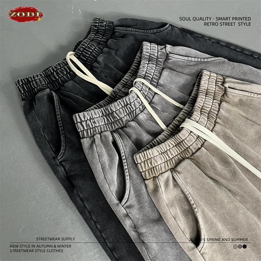 ZODF Retro Autumn Men 400gsm Washed Cotton Pants Unisex Distressed Loose Terry Sport Trousers Sweatpants HY1079 250616