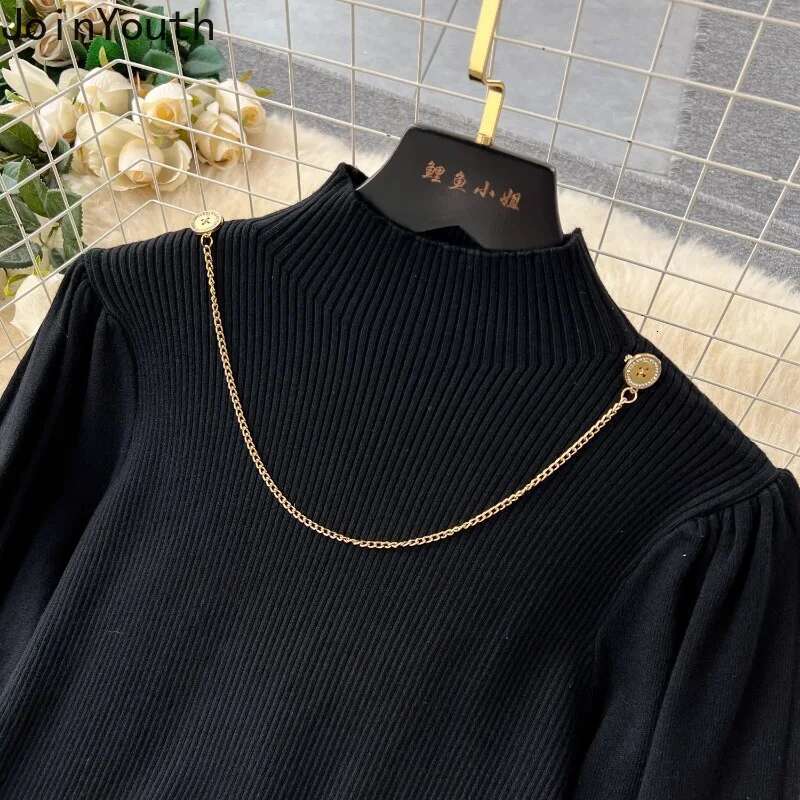 2 Piece Skirt Set Womens Clothing Half High Collar Knitted Pullovers High Waist Big Swing Skirts Outfits Vintage Korean Suit