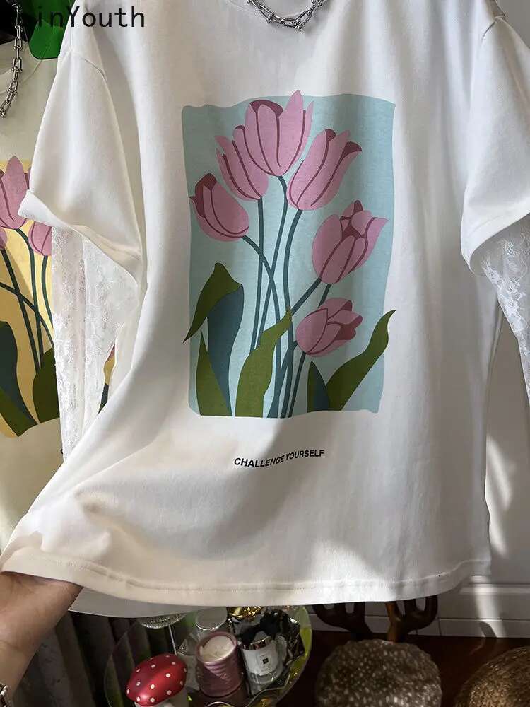 Oversized Woman T Shirts Fake Two Tees Lace Long Sleeve O-neck Floral Camisetas Y2k Tops 2025 Ropa Mujer Chic Casual Y2k Tshirt