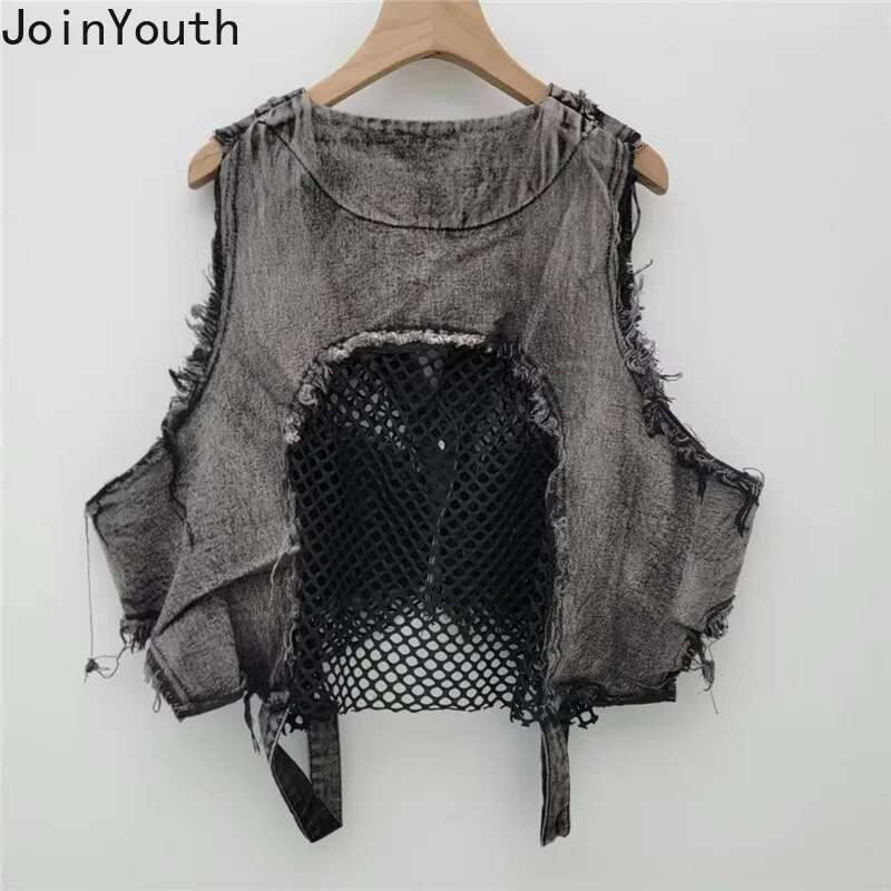 Streetwear Denim Vest Womens Clothing Patchwork Hollow Out Waistcoat Y2k Tops 2025 Ropa Mujer Fashion Casual Sleeveless Tanks