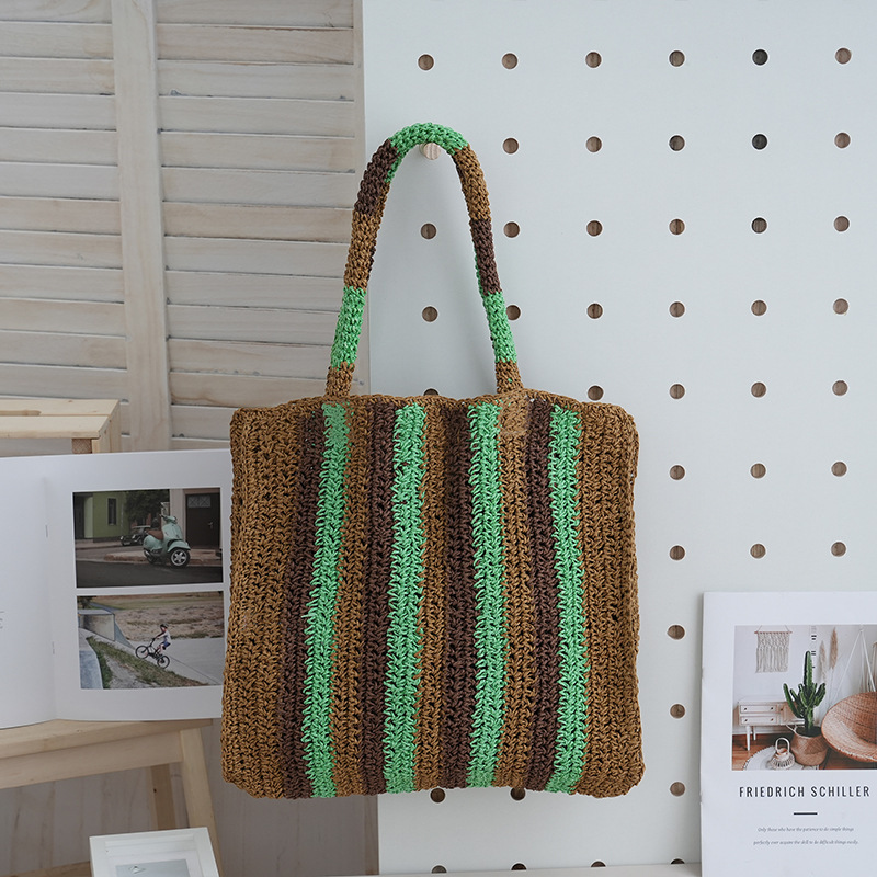 Free Shipping Vertical Striped Handmade Woven Bag For Women Designer Straw Woven Handbag Vacation Casual Armpit Bag Single Shoulder Crossbody Bag