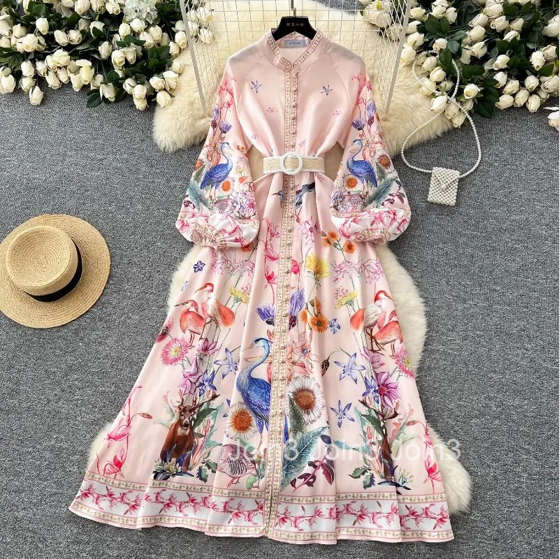 Elegant Dresses for Women Chic Floral Single Breasted Slim Waist Robe Femme Vintage Big Swing Maxi Dress 2025 Vestidos De Muer