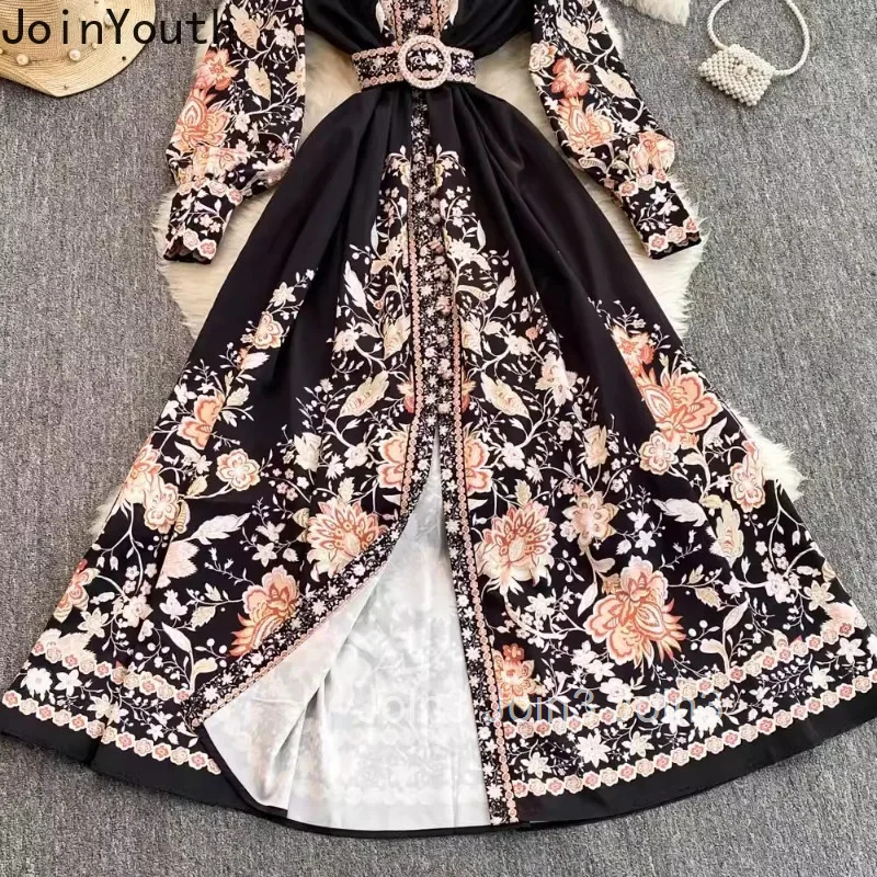 2025 Vestidos De Mujer Floral Chiffon Dresses for Women Slim Waist Temperament Chiffon Robe Femme Stand Neck Vintage Maxi Dress