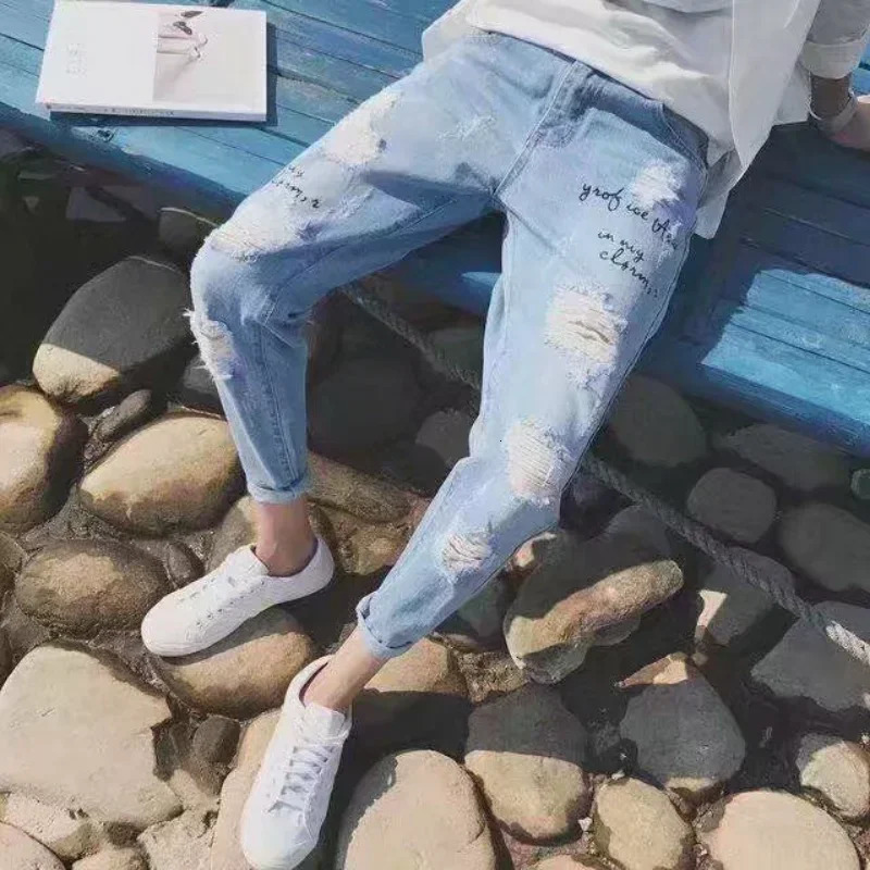 Man Cowboy Pants Broken Trousers Torn Mens Jeans Cropped With Holes Light Blue Ripped Retro Xs In Wide Leg Casual 250616