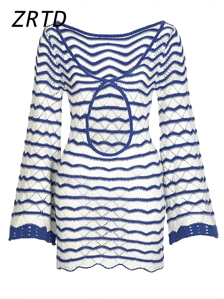 Sexy Striped Hollow Out Short Dres Dress Beach Knit Long Flare Sleeve Dresses 2025 Spring Summer Lady Vacation Sea Covers 250616