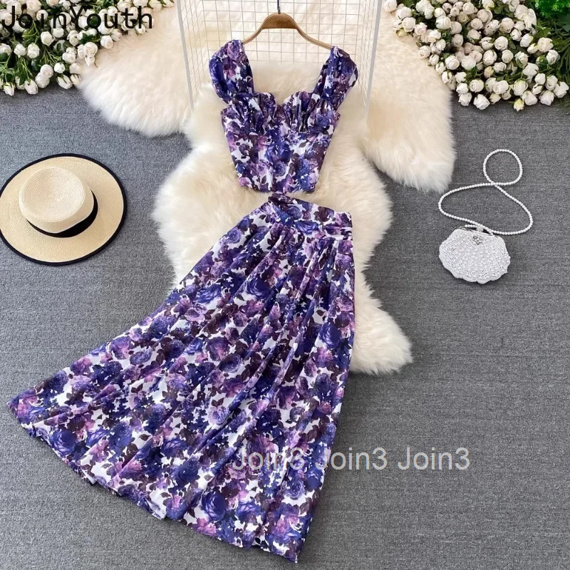 Skirt Suit Women Clothes Fashion 2 Piece Sets Roupas Femme Tunic Vest High Waist A-line Big Swing Skirt Outfits Print Summer Set