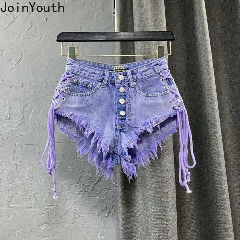 Single Breasted Denim Shorts Women 2025 New Bottoms Bandage Chic Tassel Y2k Wide Leg Shorts Summer Pantalones Cortos De Mujer