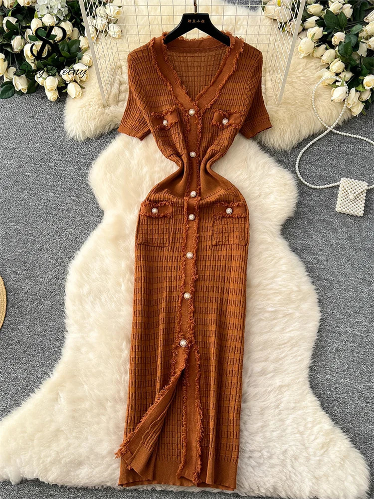 SINGREINY High Quality Elastic Knitted Long Sundress Women Short Sleeves Button Office Lady Vintage Split Slim Dress 250617