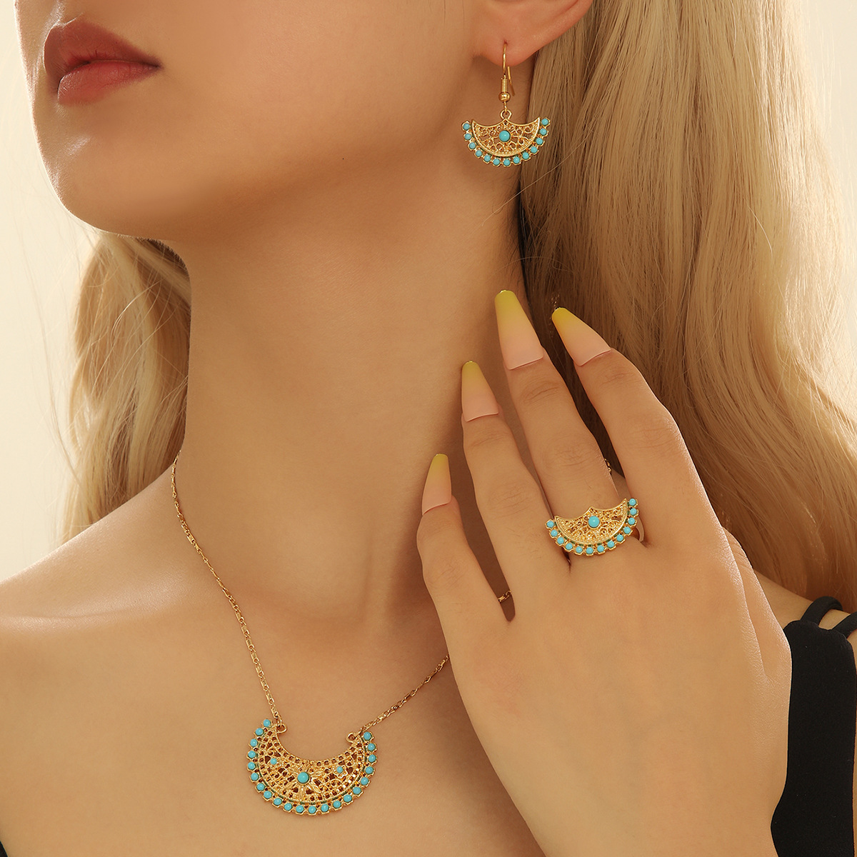 Minimalist American Style Necklace And Earring Set Fashion Fan-Shaped Design Index Finger Ring Earrings